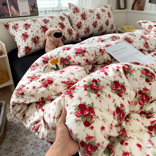 Vintage Rose Fleece Comforter Cover Set Twin/Full, 100% Polyester Flannel Plush Bedding with Pillowcases, Country Cottage Floral Bed Set, OEM ODM Factory Support Custom Print & Bulk Orders