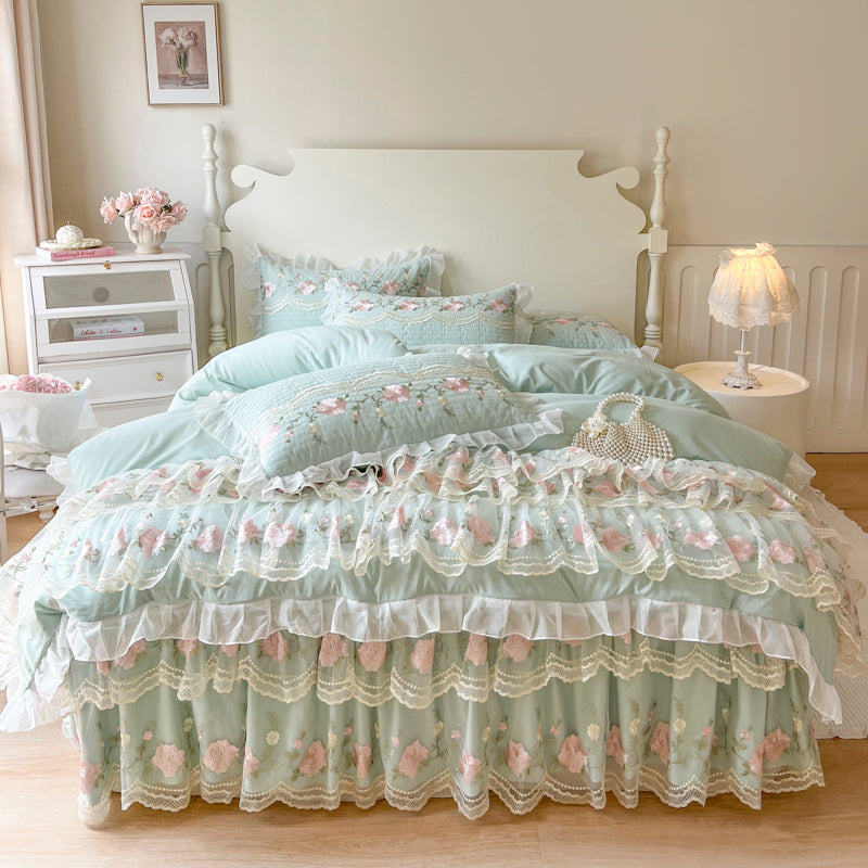 Puff Pink Ruffle Floral Duvet Cover Set Queen, 100% Polyester All-Season Bedding with Embroidered Mesh Skirt & Pillow Shams, Cottage Princess Bed Set, OEM ODM Factory Custom Design & Logo