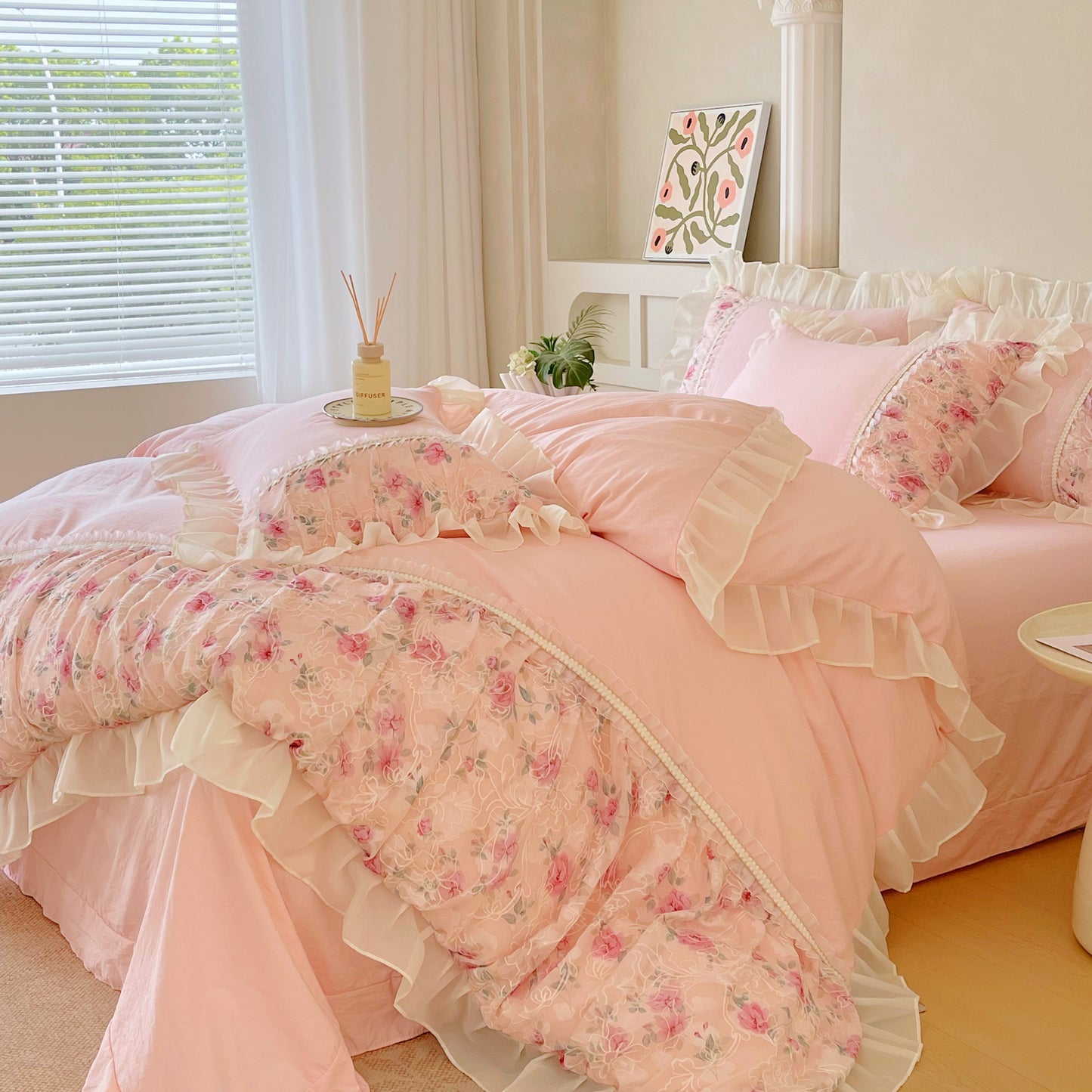 Blush Pink Spring Garden Duvet Cover Set Queen, 100% Polyester Floral Ruffle Bedding for All Seasons, Factory OEM ODM Custom Size & Private Label