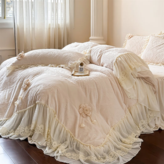 Milk Almond Vintage Lace Duvet Cover Set Queen, 100% Polyester Jacquard Bedding with 3D Flowers & Layered Ruffles, Elegant European Style, OEM ODM Factory Custom Color Size & Branding