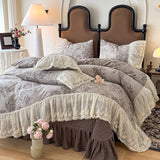 Baroque Grey Lace Ruffle Duvet Cover Set Queen, 100% Polyester Jacquard Floral Bedding with Sheer Skirt Edge, Vintage French Cottage Style, OEM ODM Factory Custom Design & Private Label
