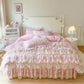 Puff Pink Ruffle Floral Duvet Cover Set Queen, 100% Polyester All-Season Bedding with Embroidered Mesh Skirt & Pillow Shams, Cottage Princess Bed Set, OEM ODM Factory Custom Design & Logo