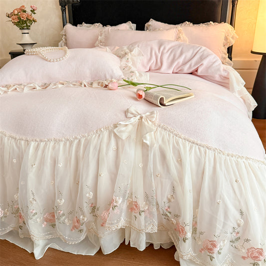 Ballet Pink Waltz Princess Duvet Cover Set Queen, 100% Polyester Plush Bedding with Embroidered Tulle Skirt & Bows, OEM ODM Factory Custom Color, Size & Branding