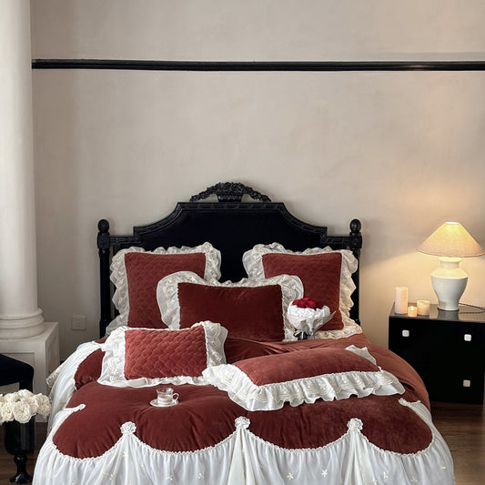 Lavender Velvet Princess Duvet Cover Set Queen, 100% Polyester Ruffled Lace Skirt Bedding, Vintage Romantic Style, OEM ODM Factory Custom Color, Size & Logo