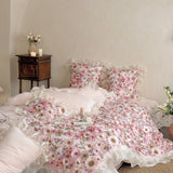 Pastel Meadow Floral Organza Duvet Cover Set Queen, 100% Polyester Ruffled Bedding with Pillowcases, Kawaii Spring Garden Room Decor, OEM ODM Manufacturer Custom Flower Design & Bulk Supply