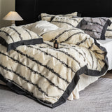 Sherpa Stripe Plush Comforter Cover Set Queen, 100% Polyester Fleece Bedding with Charcoal Border, Ultra Warm Winter Bed Set, OEM ODM Factory Custom Size & Logo for Brands and Hotels