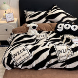 Monochrome Zebra Plush Comforter Cover Set Twin/Full, 100% Polyester Fleece Bedding with “NICE” Patch, Brown Reverse, OEM ODM Factory Custom Graphic Bed Set
