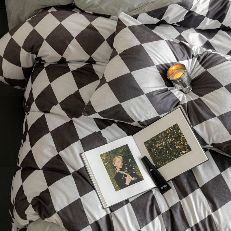 Black & White Diamond Check Duvet Cover Set Full/Queen, 100% Polyester Microfiber Geometric Bedding with Pillowcases, Modern Minimal Room Style, OEM ODM Factory Custom Quilt Cover for Bulk Buyers