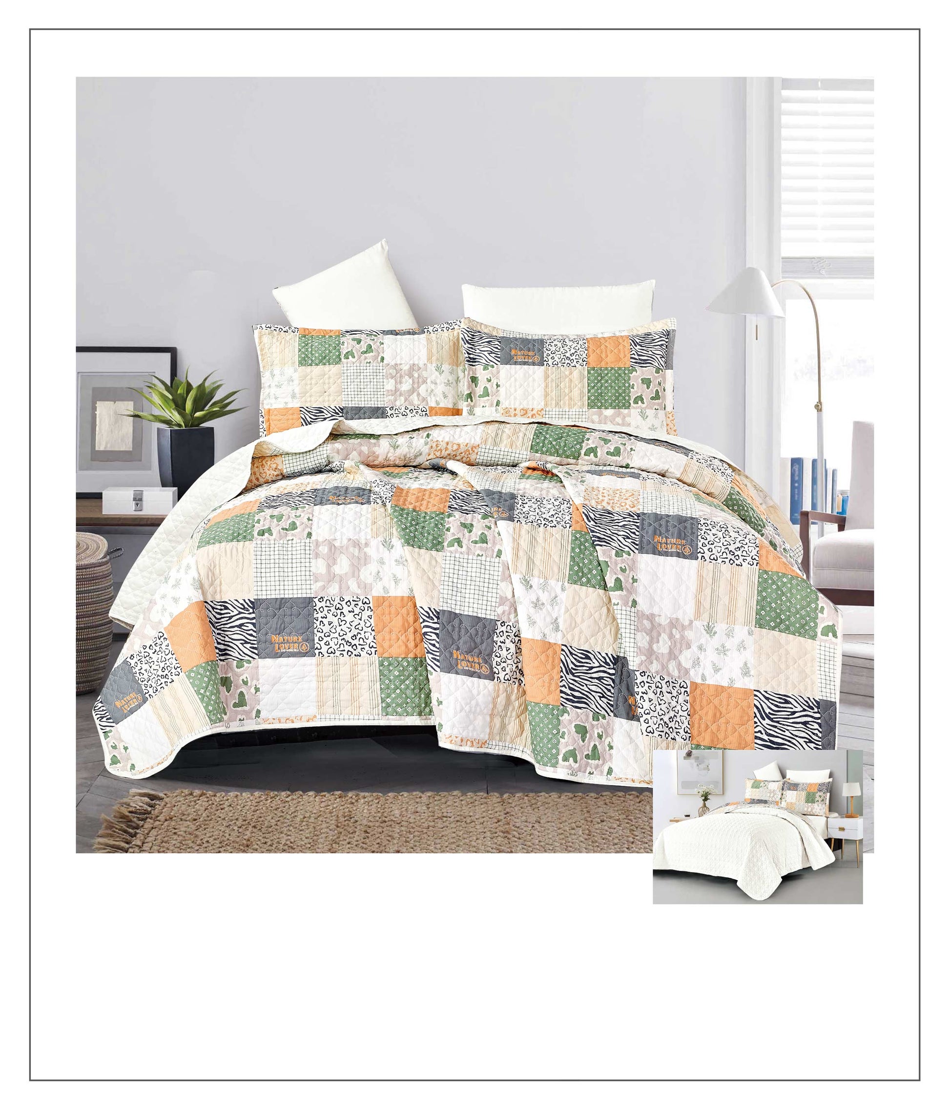 Patchwork quilt set on a bed in a bedroom setting
