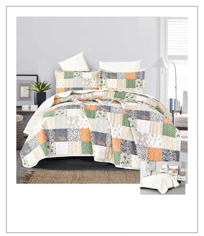 Patchwork quilt set on a bed in a bedroom setting