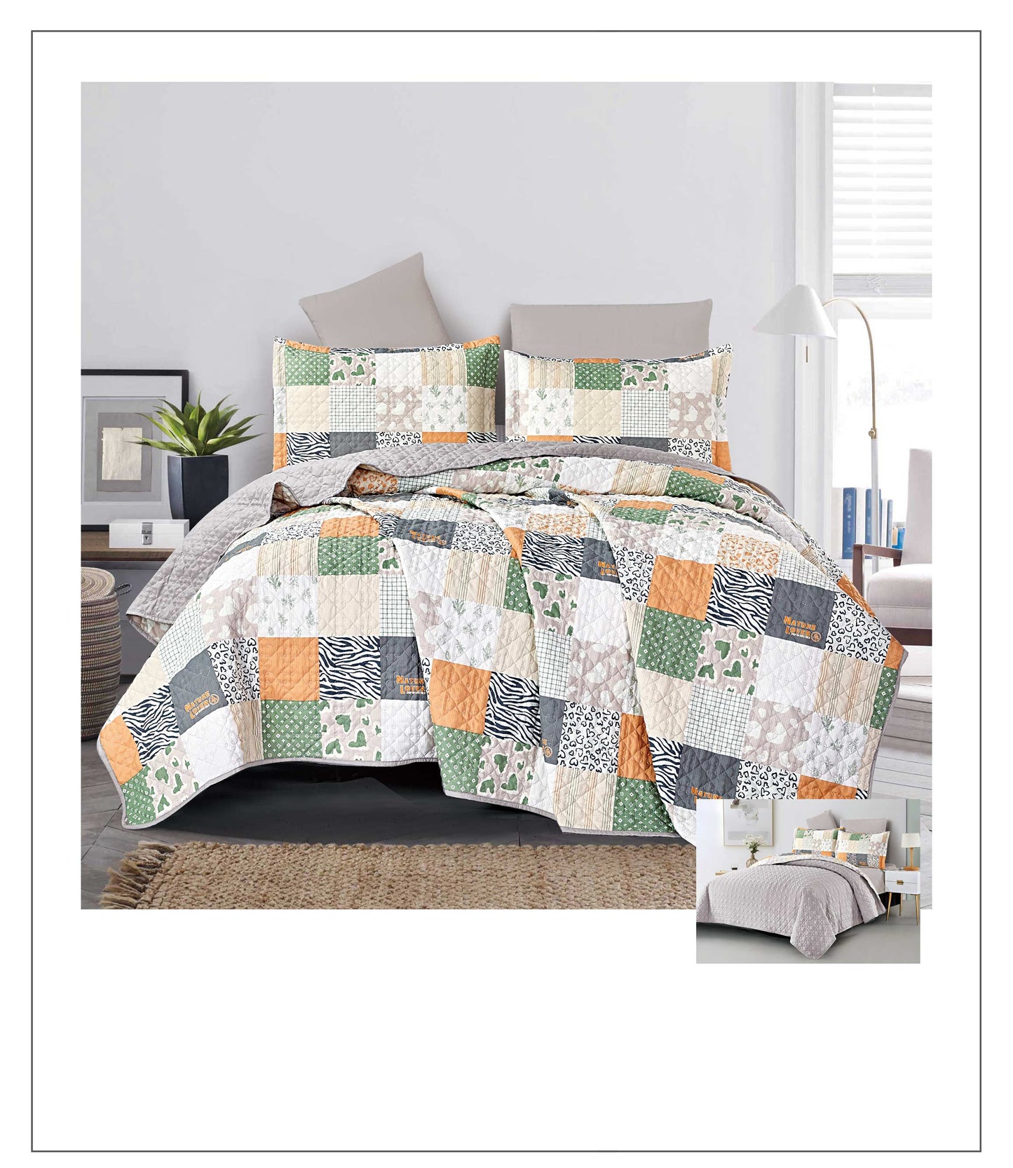 Patchwork quilt set on a bed in a bedroom setting