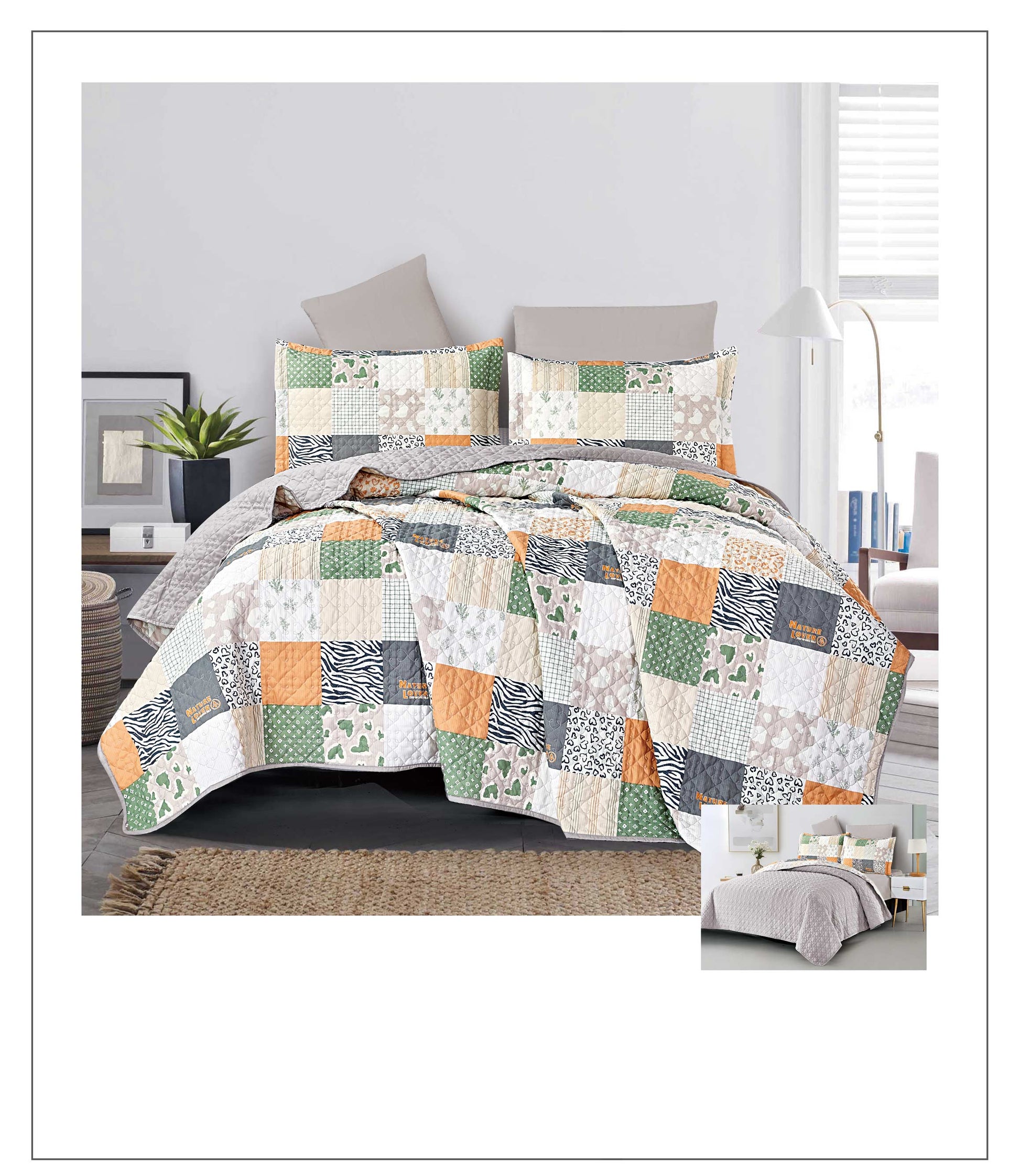 Patchwork quilt set on a bed in a bedroom setting