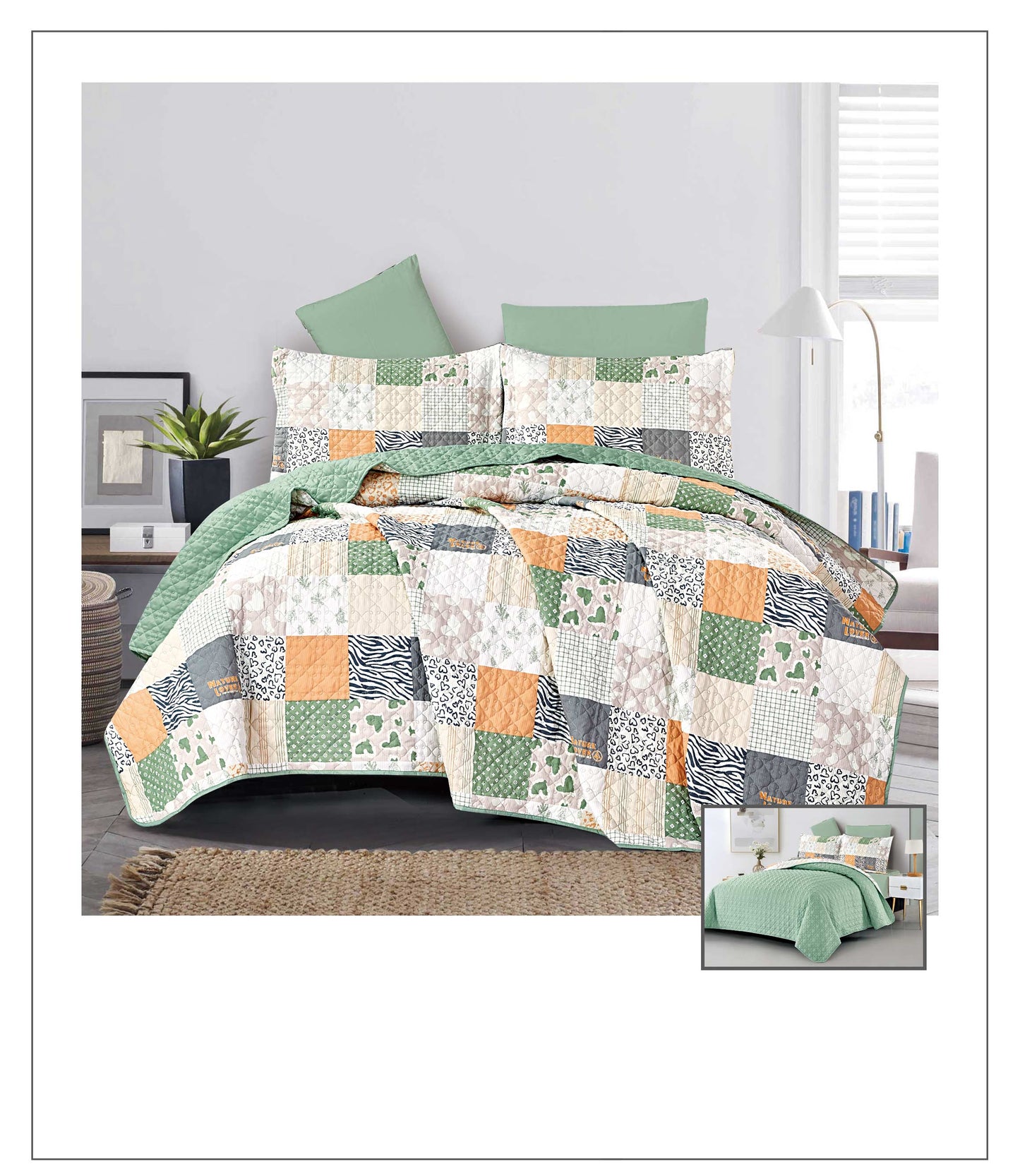 Patchwork quilt set on a bed with green pillows in a bedroom setting.