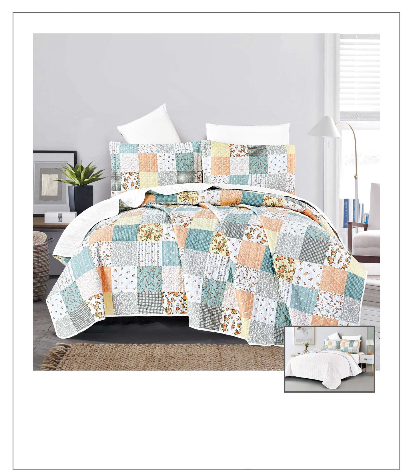 Patchwork quilt set on a bed in a bedroom setting