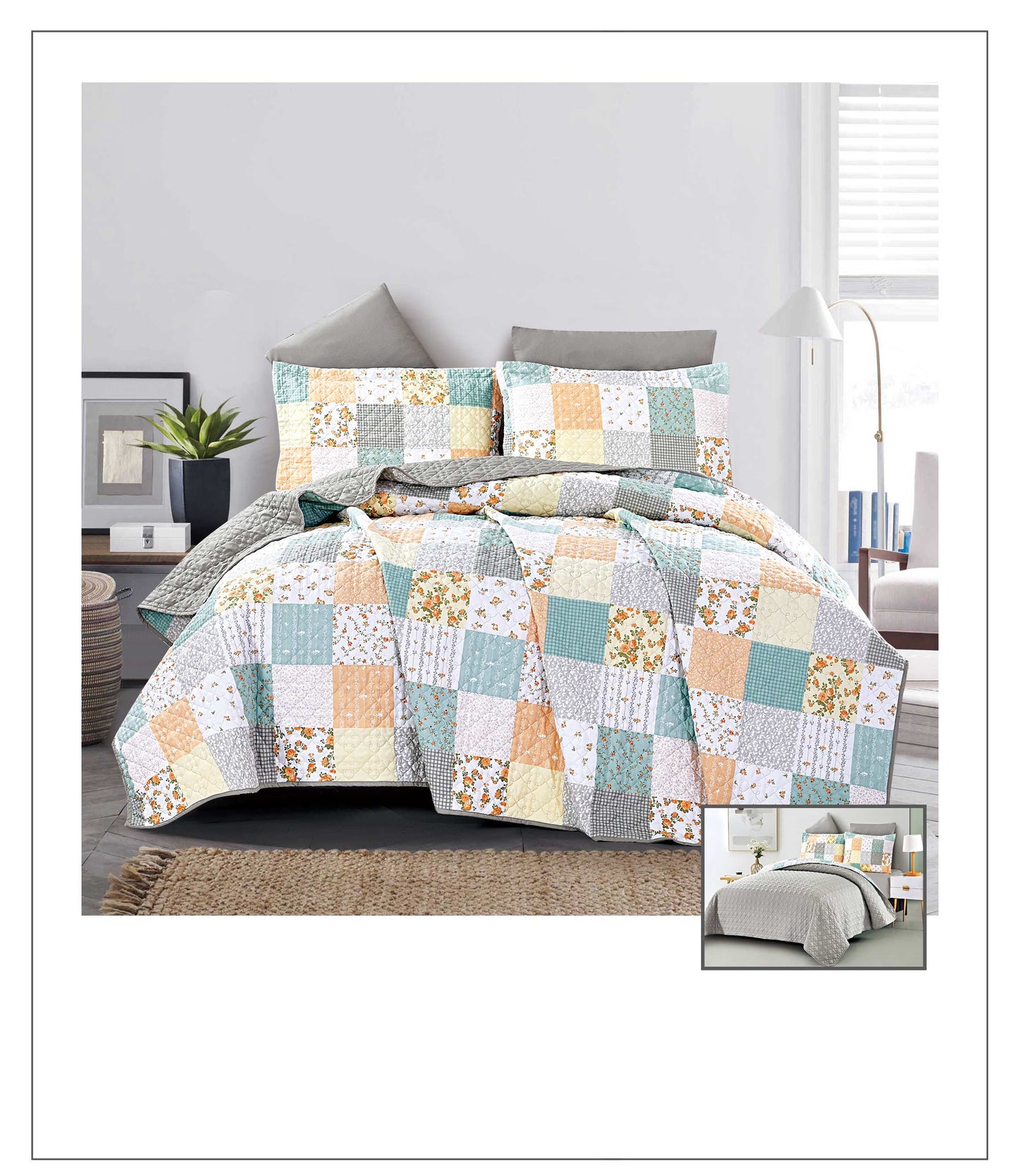 Patchwork quilt set on a bed in a bedroom setting