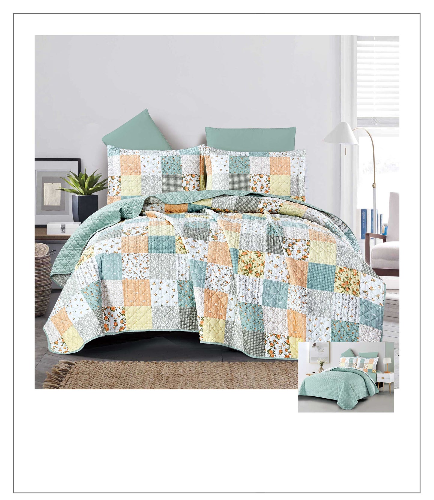 Colorful patchwork quilt set on a bed in a bedroom setting