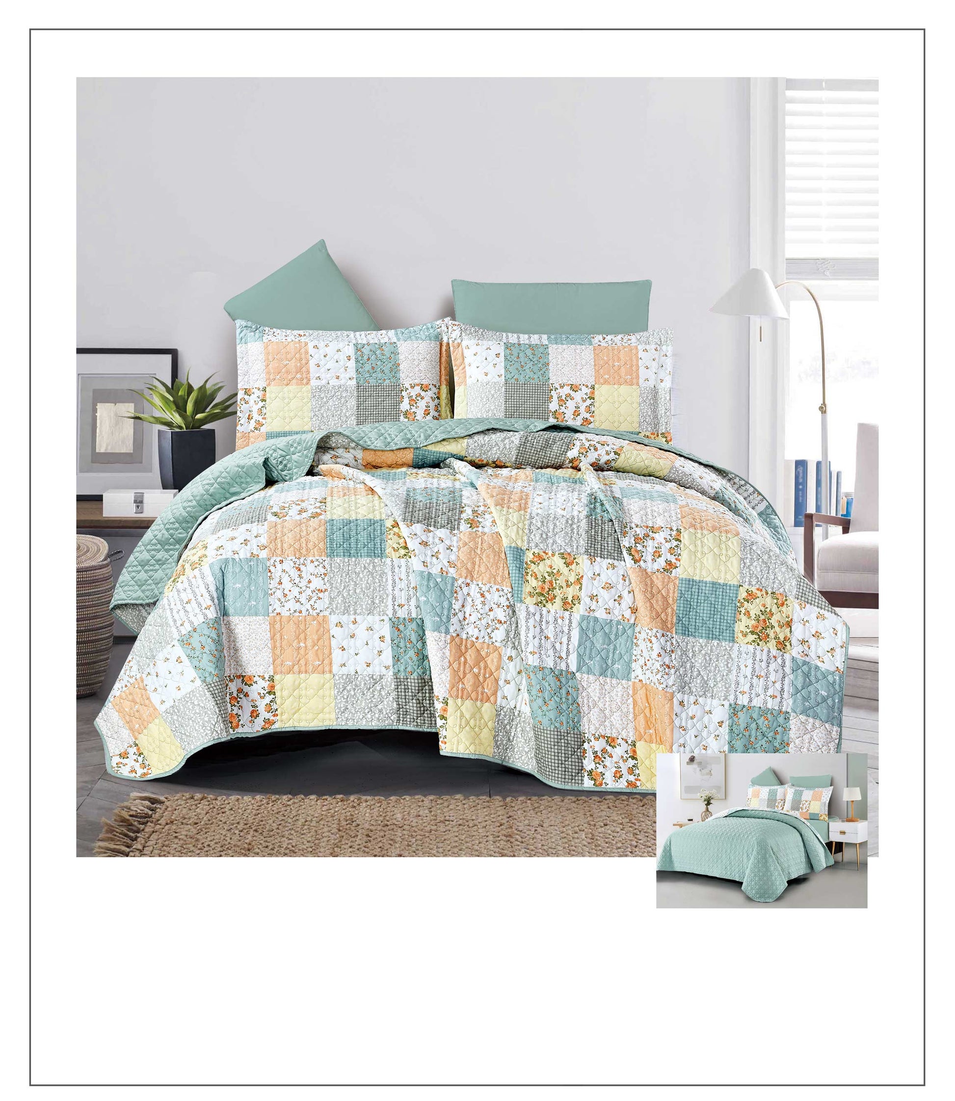 Colorful patchwork quilt set on a bed in a bedroom setting