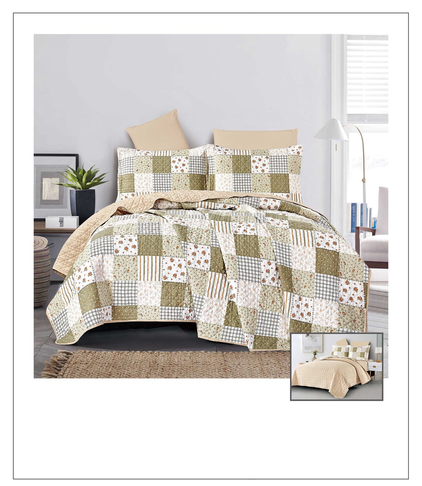 Patchwork quilt set on a bed with pillows in a bedroom setting
