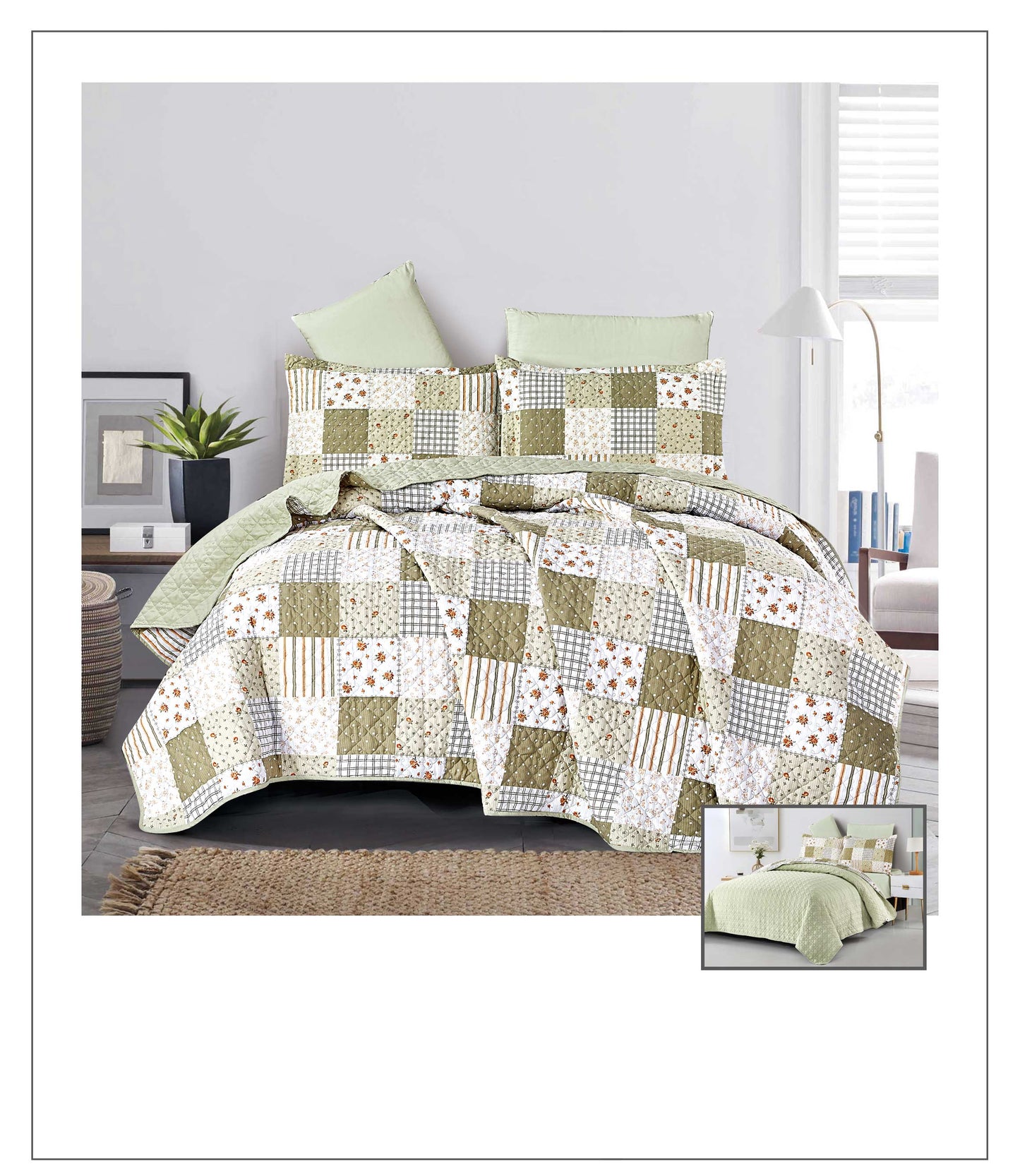 Patchwork quilt set on a bed with green pillows in a bedroom setting.