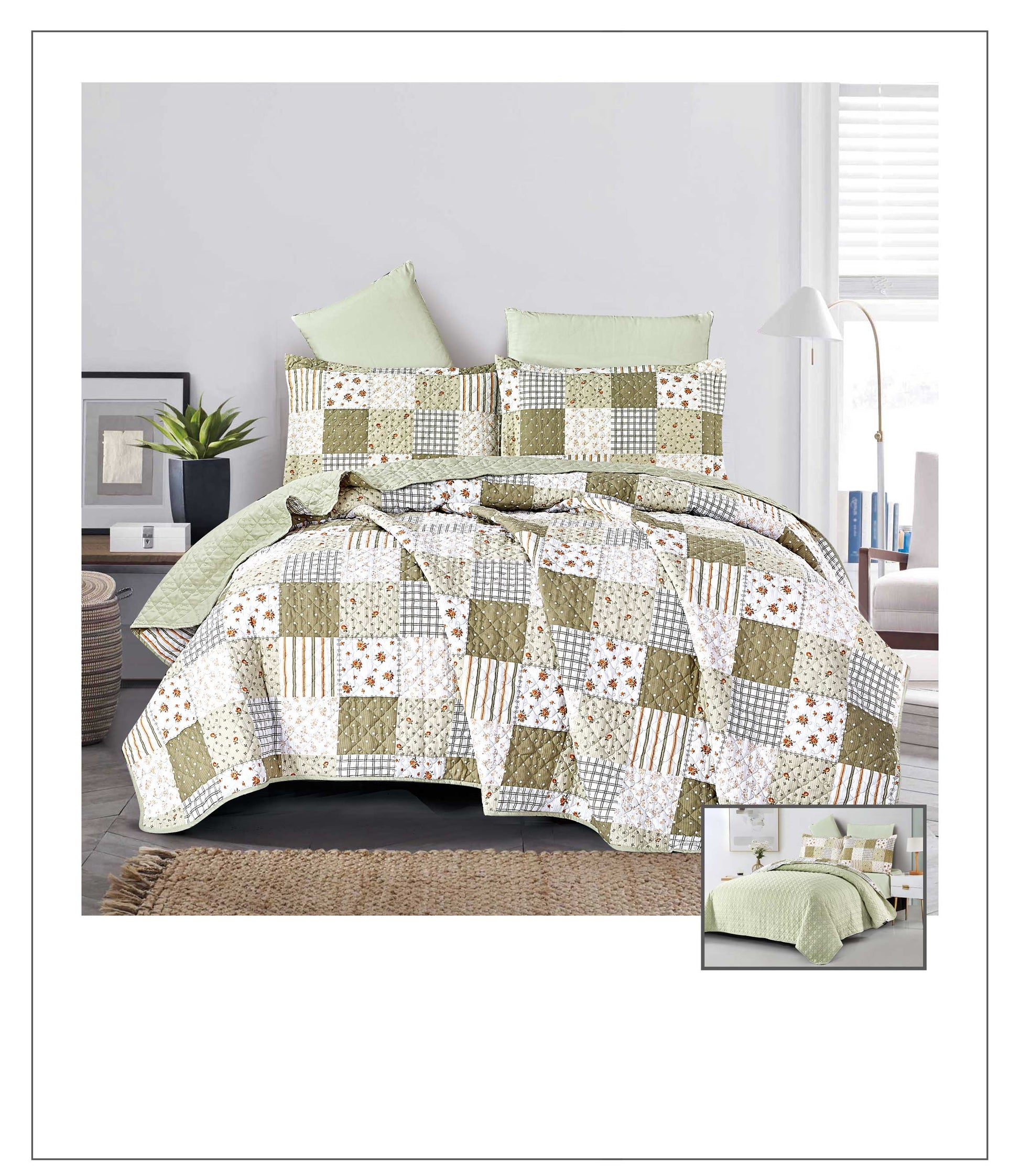 Patchwork quilt set on a bed with green pillows in a bedroom setting.