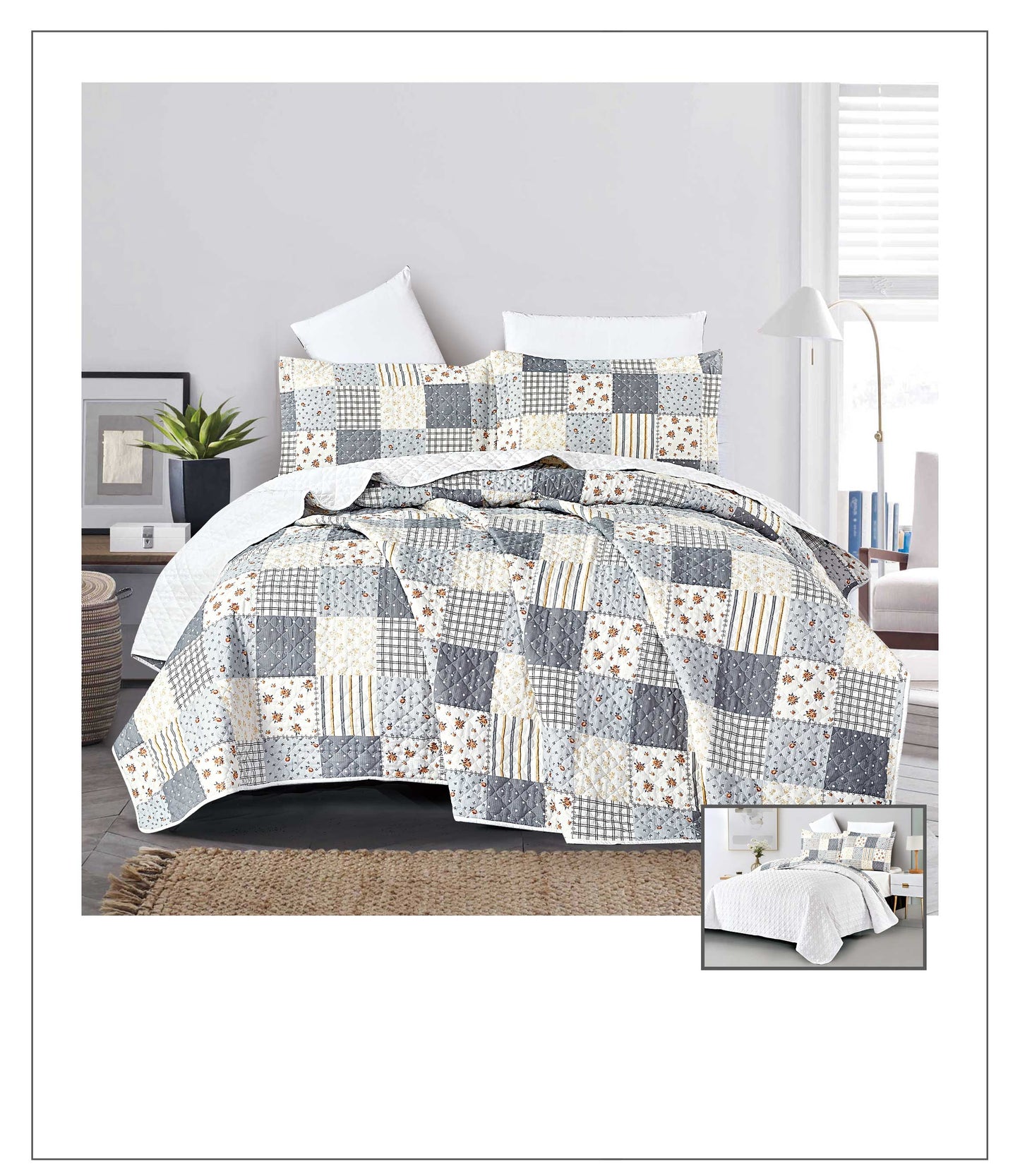 Patchwork quilt set on a bed in a bedroom setting