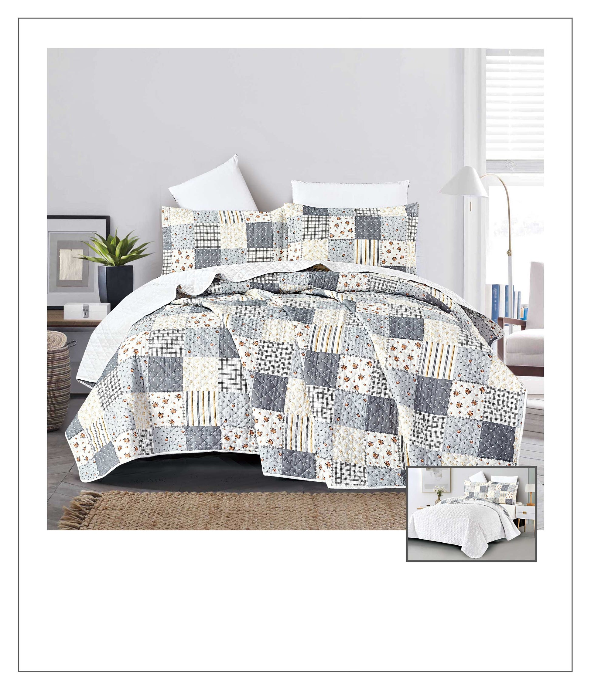 Patchwork quilt set on a bed in a bedroom setting
