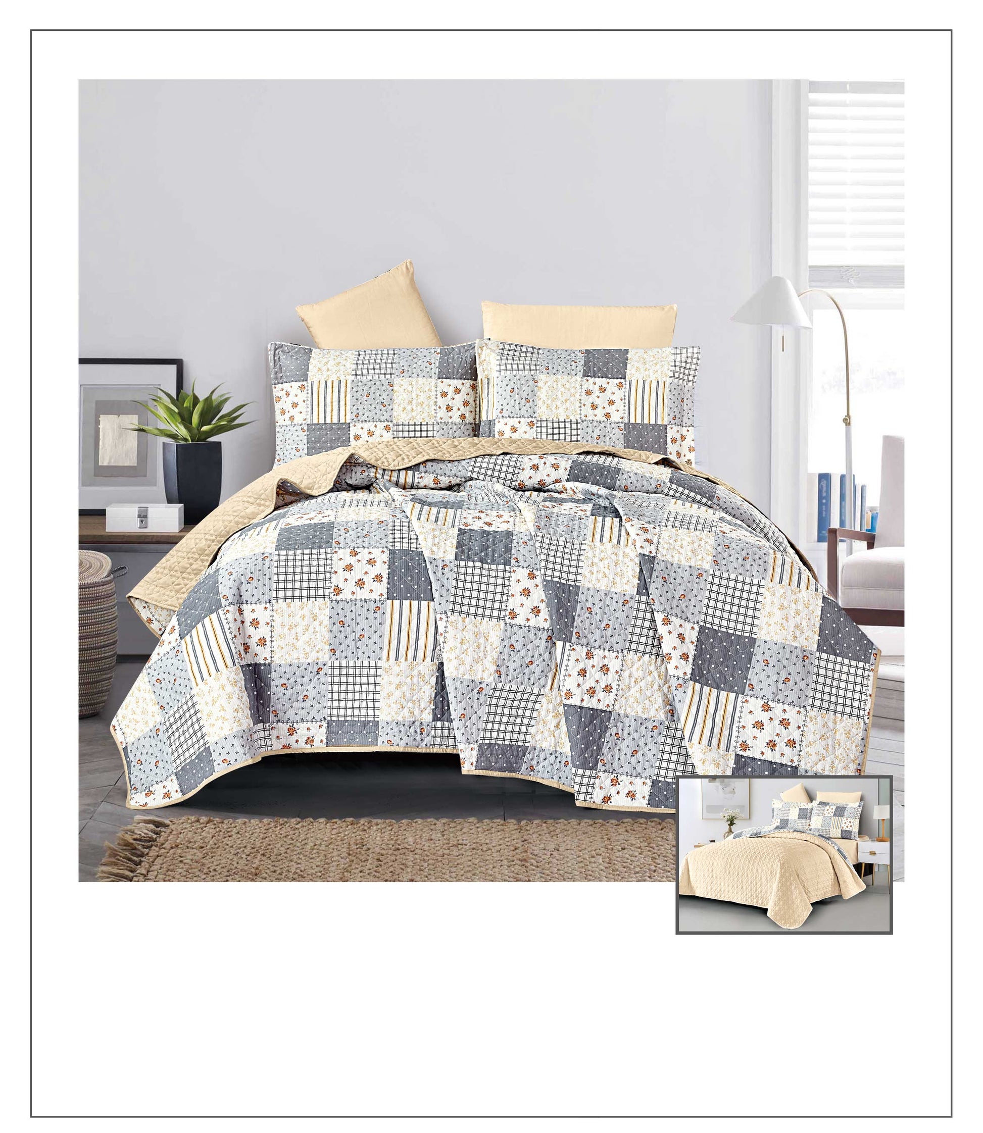 Patchwork quilt set on a bed in a bedroom setting