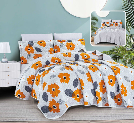 Reversible Orange Floral Microfiber Bedspread Set | Soft All-Season Bedding with 1 Bedspread, 2 Pillowcases & 2 Shams | Lightweight, Cozy Comfort for Family Bedrooms | Twin–Cal King Sizes