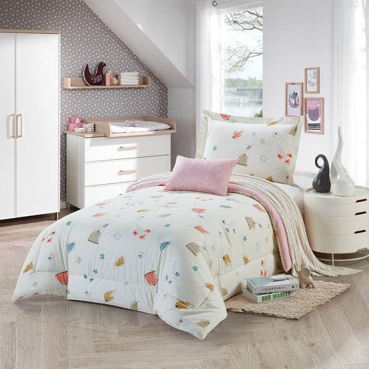 A floral print bedding set on a bed in a bedroom setting, with accompanying pillows, bed frame, and room decor.