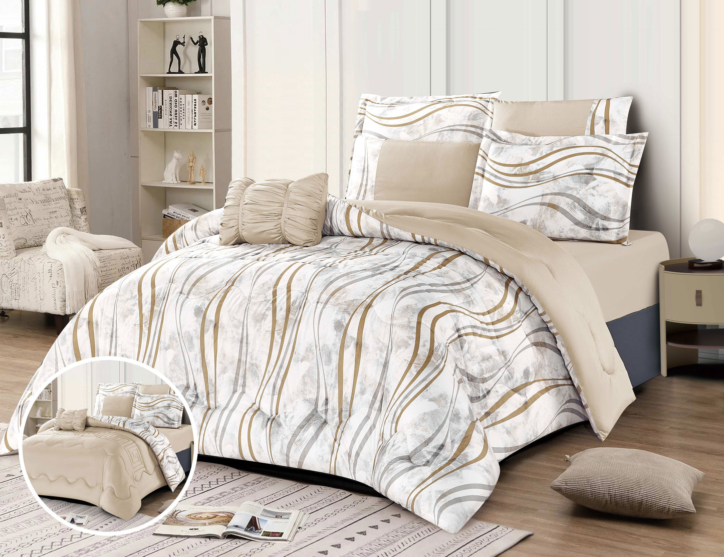 Customized 7-Piece Microfiber Comforter Set | Soft, Lightweight, and Machine Washable Bedding Ensemble | Modern Neutral Pattern Design with Matching Pillow Shams and Decorative Cushions | Comforter Manufacturer