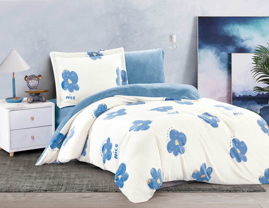 A bedding set with a floral pattern, featuring a comforter, pillowcases, and a duvet cover, predominantly in blue and white colors.
