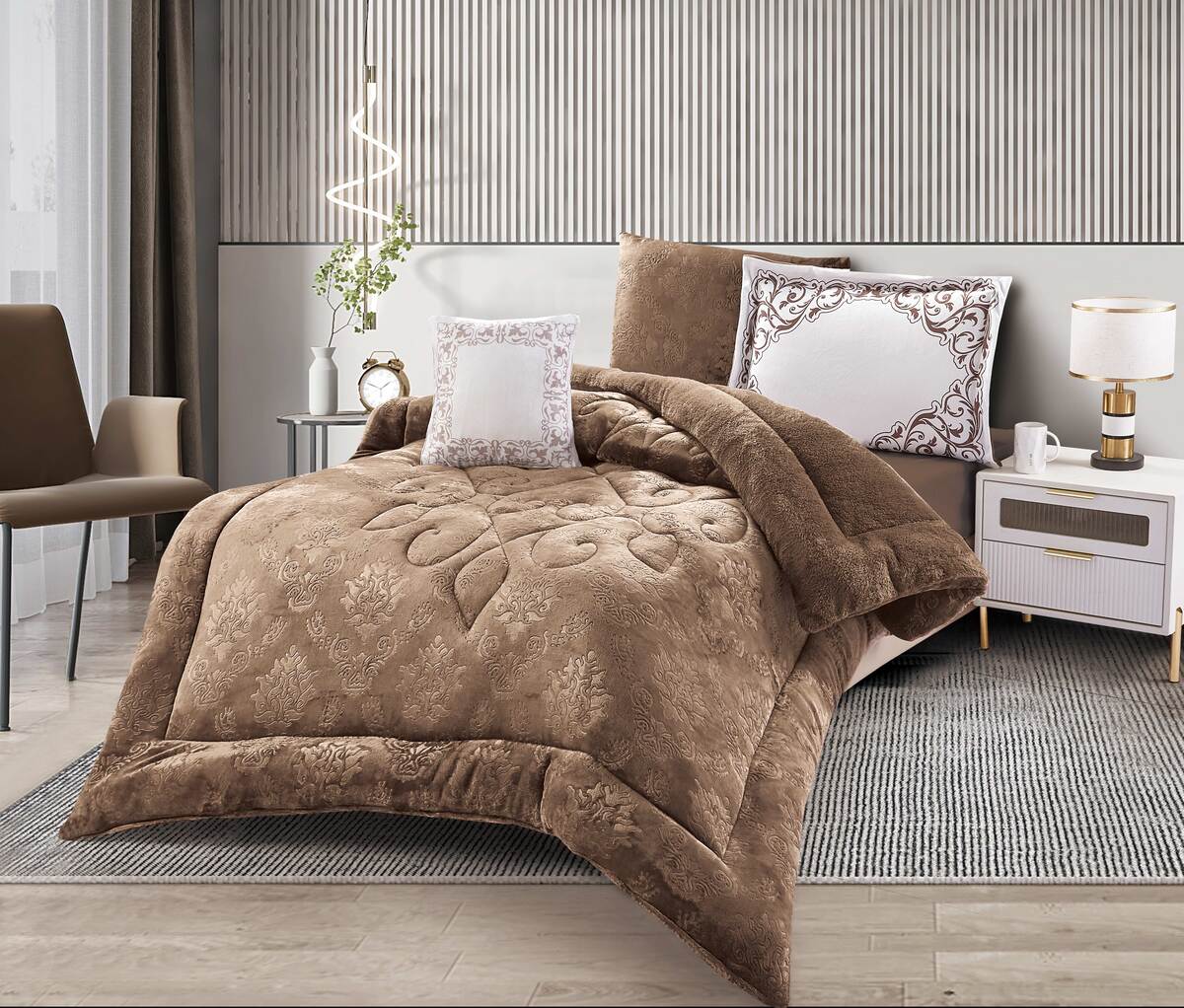 A brown embossed cutwork quilt displayed on a bed in a bedroom setting with decorative pillows, bedazzled with a geometric pattern.