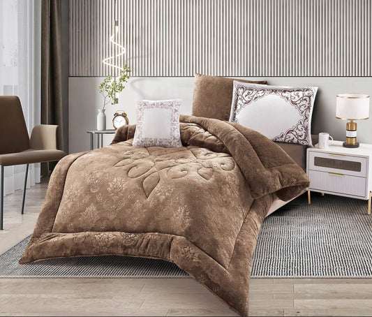 A brown embossed cutwork quilt displayed on a bed in a bedroom setting with decorative pillows, bedazzled with a geometric pattern.