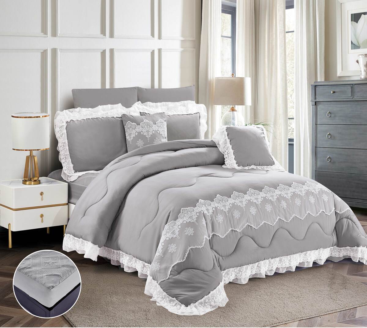 A gray patchwork lace bedding set displayed on a bed, with a inset showing the texture of the lace.