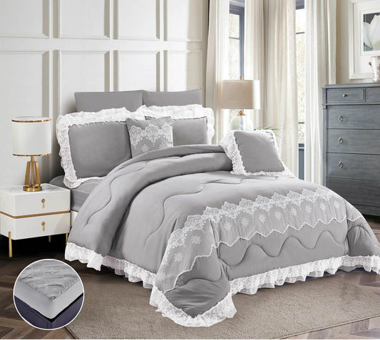 A gray patchwork lace bedding set displayed on a bed, with a inset showing the texture of the lace.