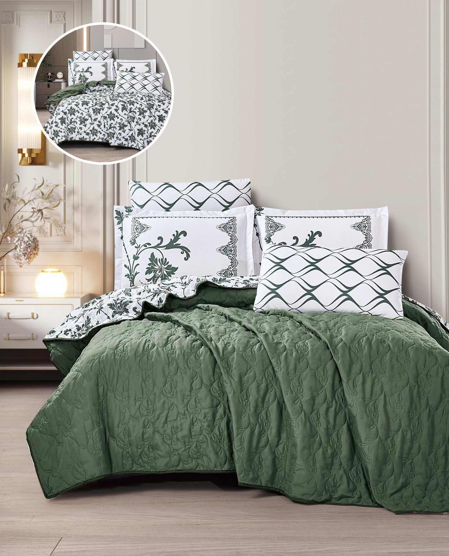 Cozy Reversible Microfiber Bedspread Set | Soft Green & White Floral Bedding with 1 Bedspread, 2 Pillowcases & 2 Shams | Lightweight All-Season Comforter for Bedroom Décor | Twin, Full, Queen, King, Cal King