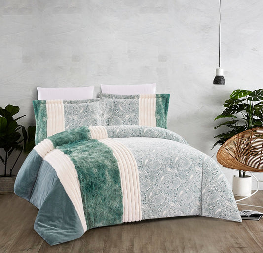 A king-size comforter set with colorblock stripes in green, white, and beige, displayed on a bed with decorative pillowcases.