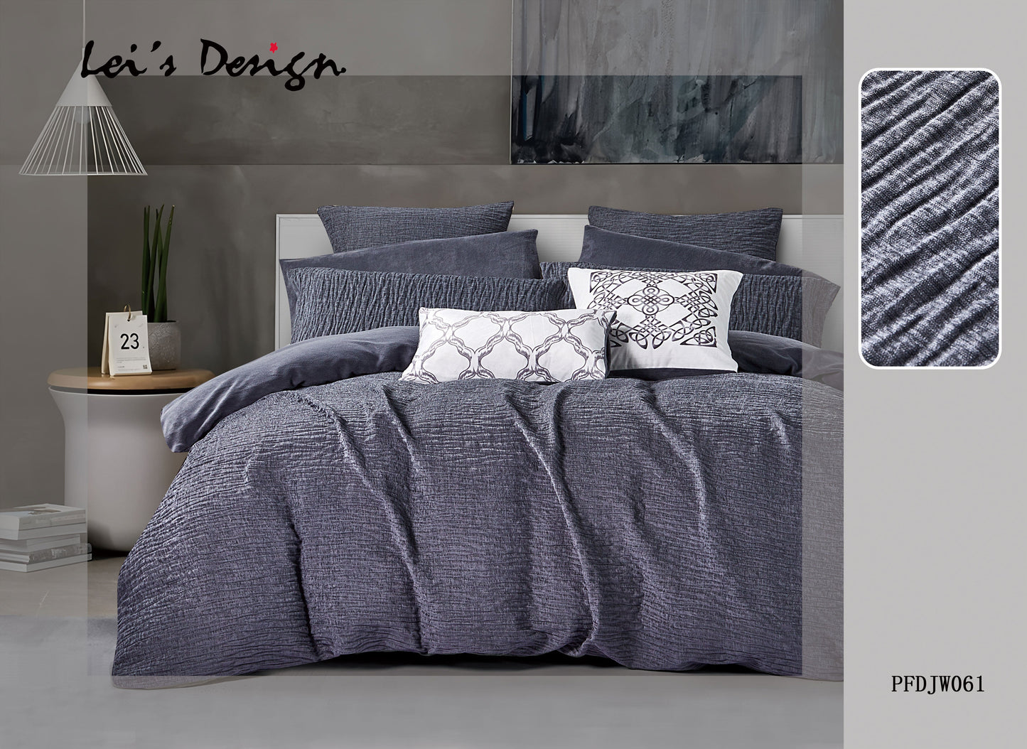 A gray comforter set on a bed, with a close-up of the textured pattern on the comforter, displayed in a room setting with decorative pillows and a nightstand.