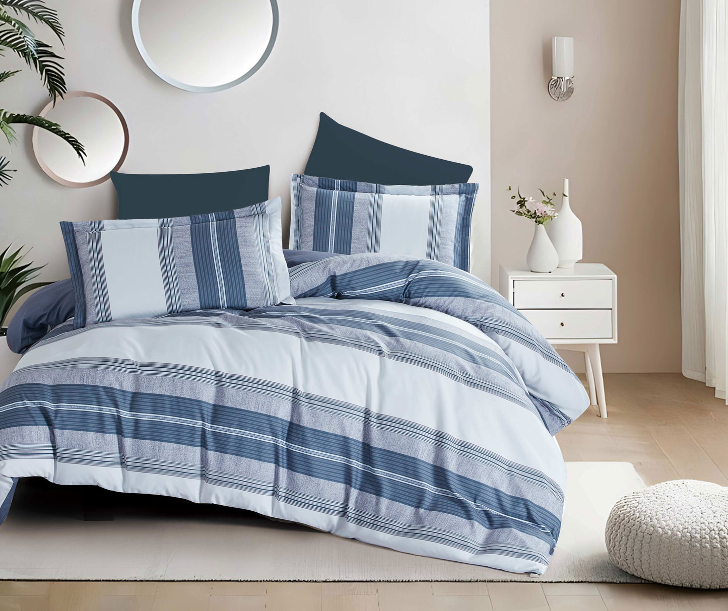 Customized 7-Piece Blue Striped Microfiber Comforter Set | Modern Coastal-Inspired Bedding with Decorative Pillow Shams and Cushions | Soft, Lightweight, and Machine Washable | OEM Bedding Manufacturer