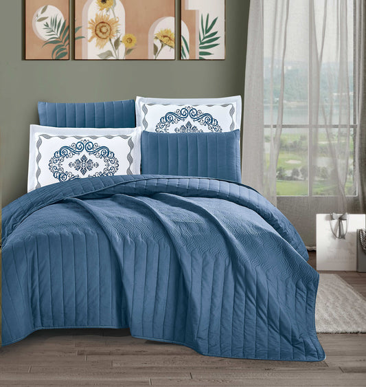 Cozy Blue Microfiber Quilted Bedspread Set | Soft All-Season Bedding with 1 Bedspread, 2 Pillowcases & 2 Shams | Elegant Stitching and Medallion Design for Family Bedrooms | Twin–Cal King Sizes