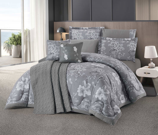 Customized 7-Piece Gray Floral Microfiber Comforter Set | Elegant Large-Scale Bloom Pattern with Decorative Pillow Shams and Cushions | Ultra-Soft, Breathable, and Machine Washable Bedding | OEM Bedding Manufacturer