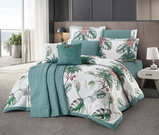 Customized 7-Piece Tropical Botanical Microfiber Comforter Set | Lush Green Leaf and Floral Pattern with Decorative Pillow Shams and Cushions | Soft, Breathable, and Machine Washable Bedding | OEM Bedding Manufacturer