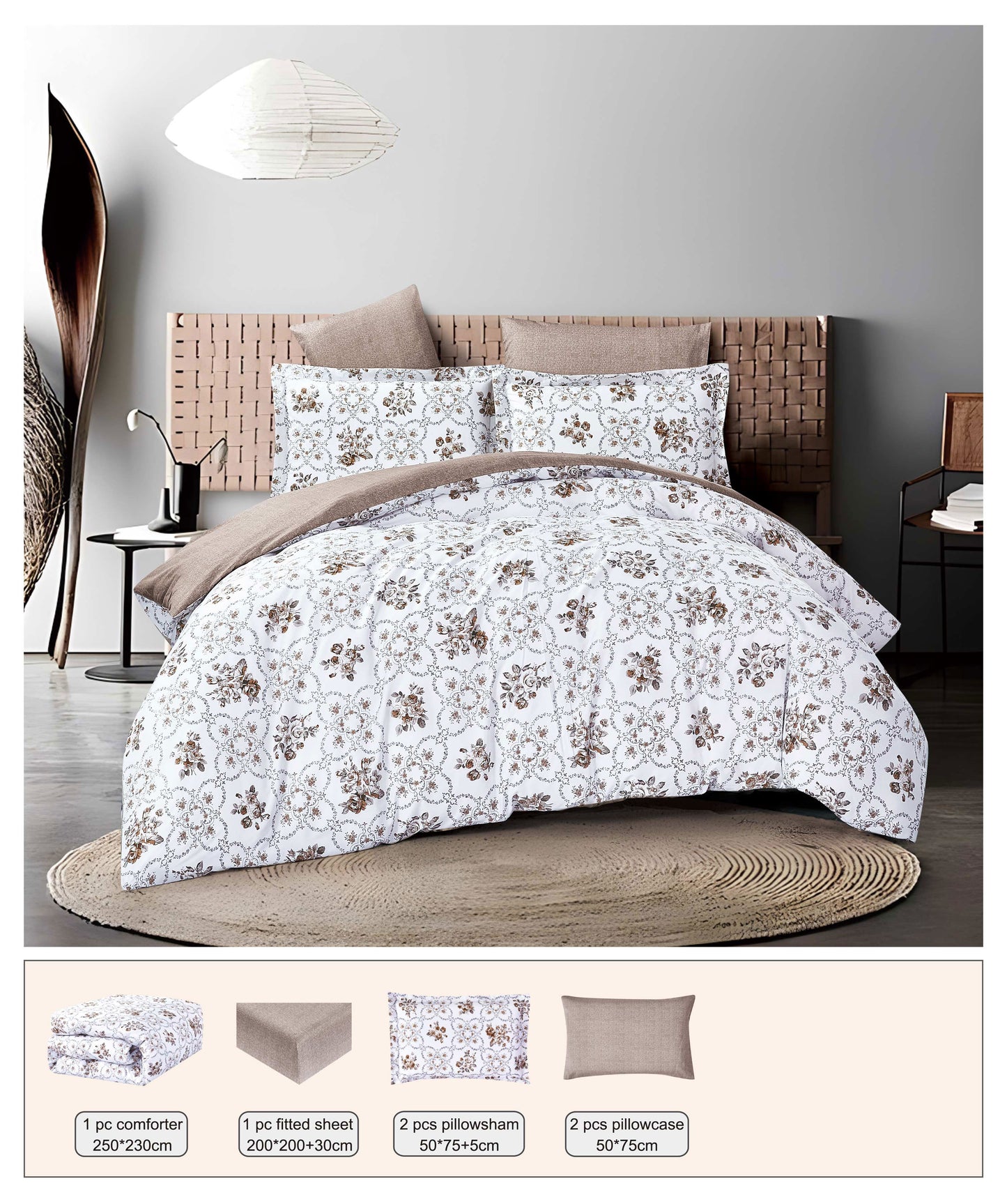 Floral patterned comforter set on a bed with matching pillows and bedding pieces displayed below.