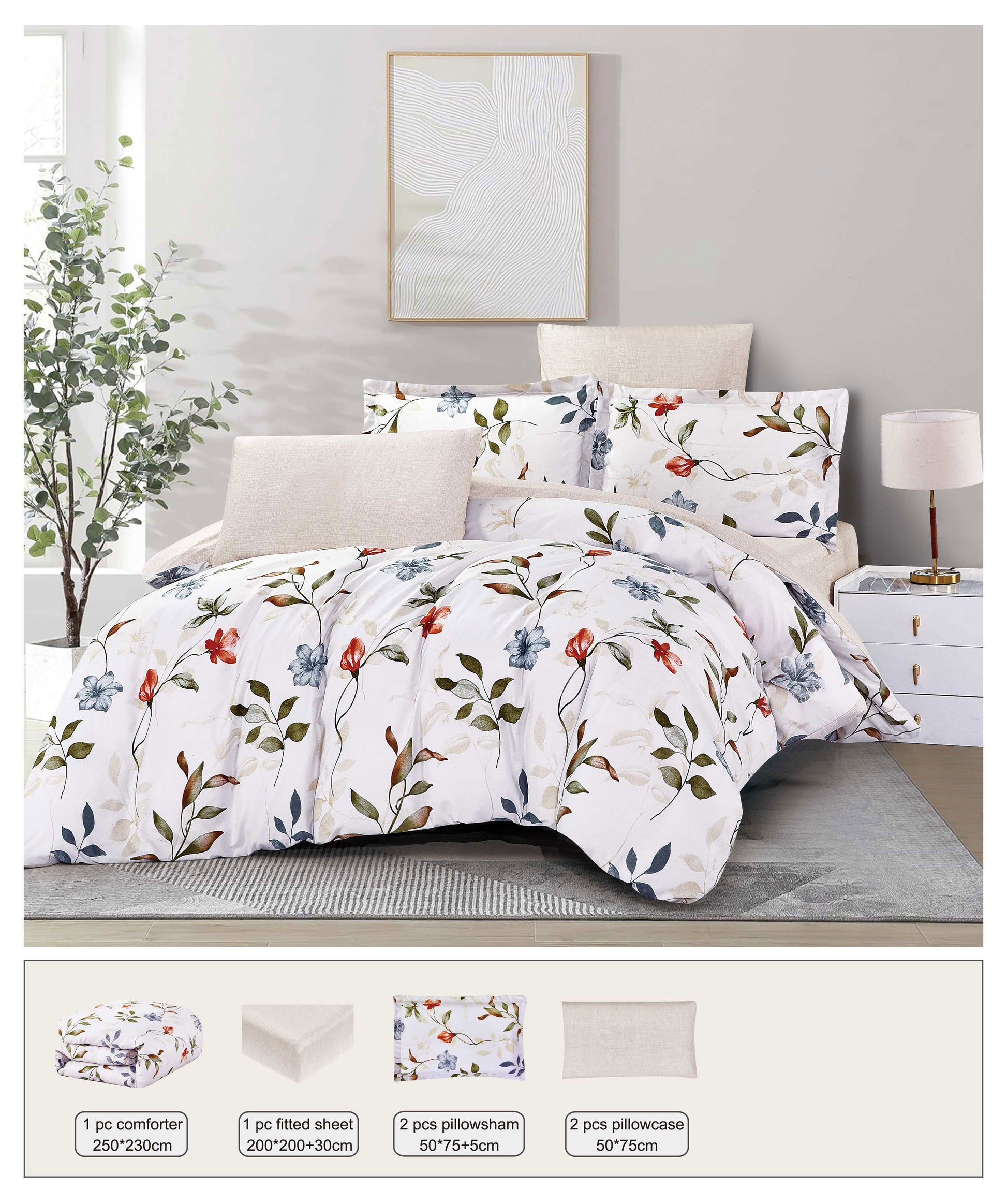 Floral comforter set on a bed with matching pillows in a bedroom setting.