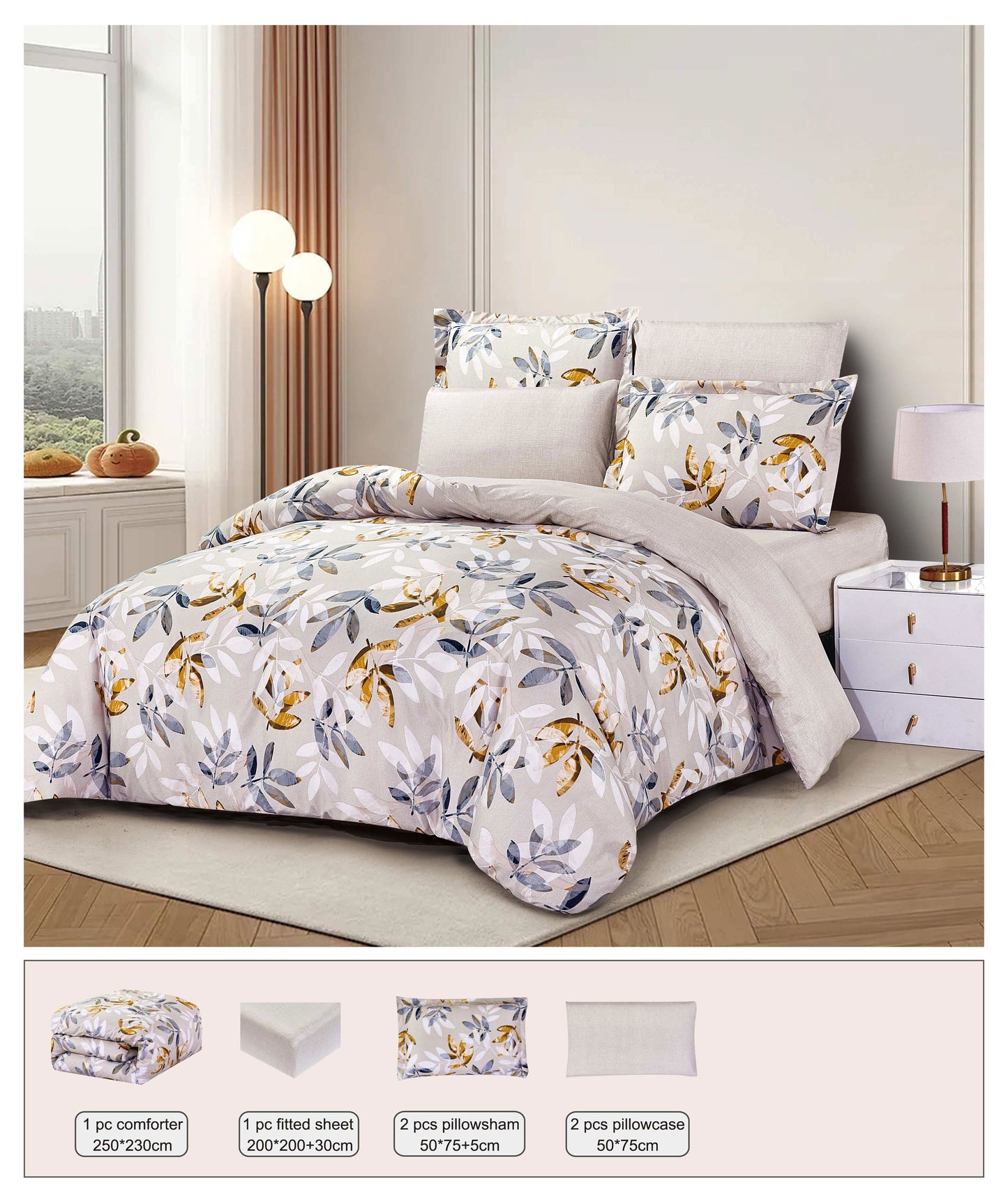 Floral comforter set on a bed in a bedroom with matching pillows and bedding pieces displayed below.