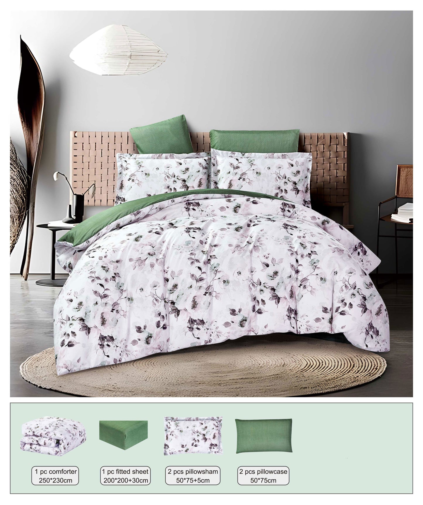 Floral comforter set on a bed with matching pillows in a bedroom setting.