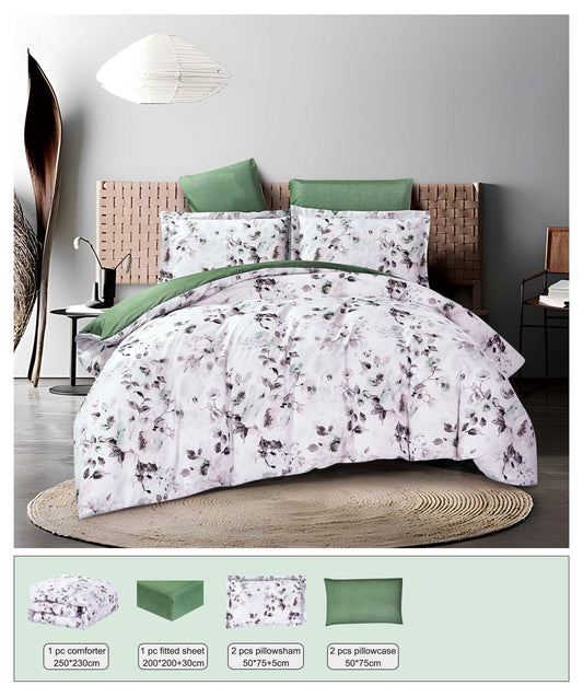 Floral comforter set on a bed with matching pillows in a bedroom setting.