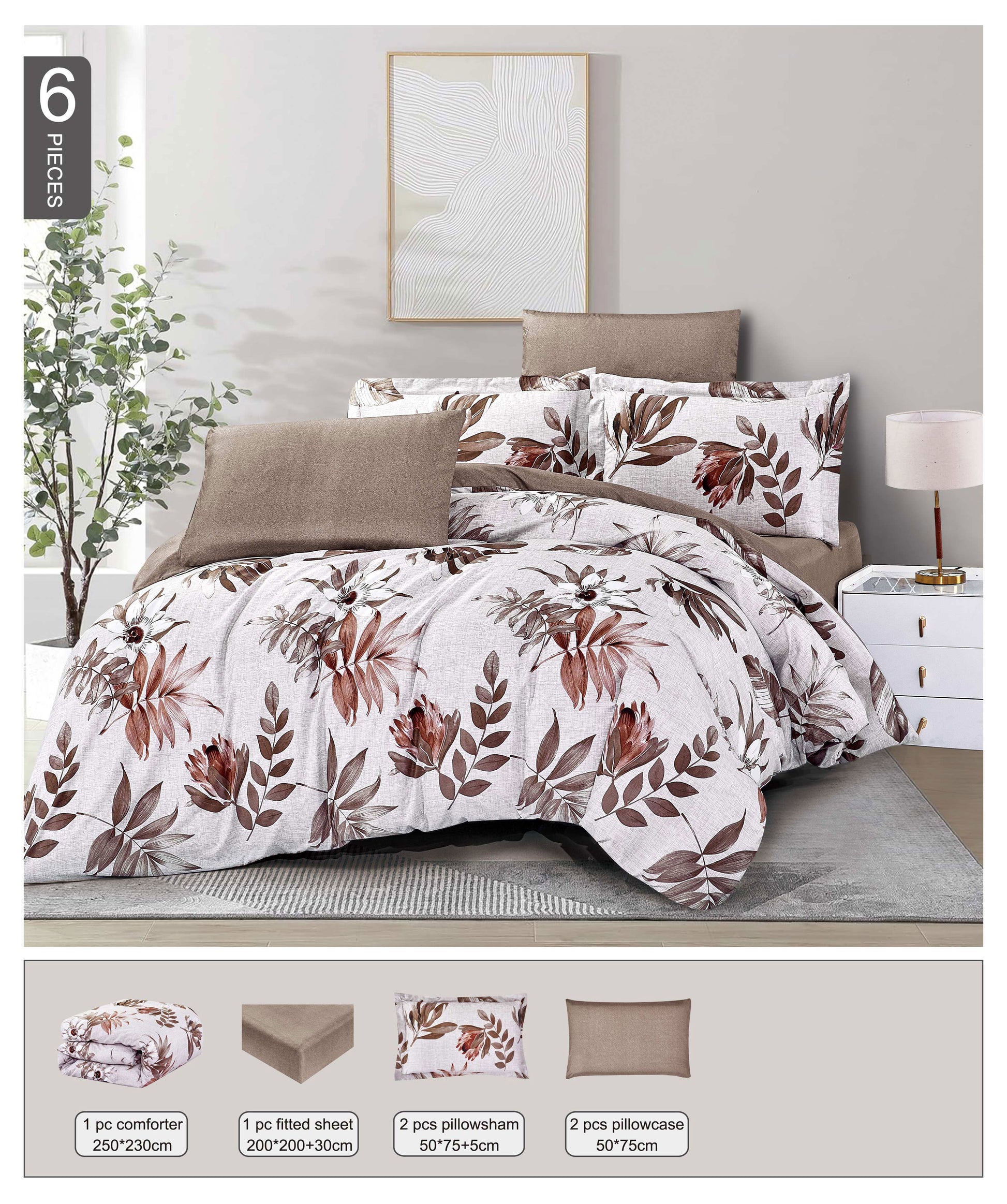Floral bedding set on a bed with dimensions displayed below.