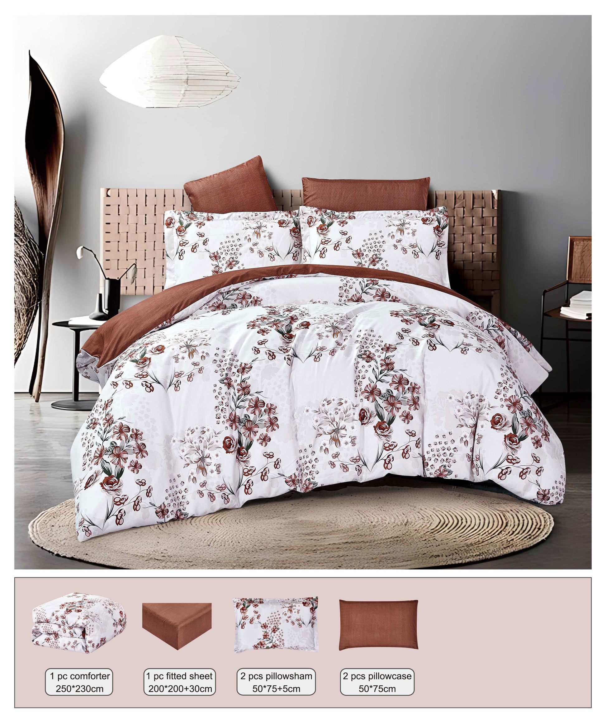 Floral comforter set on a bed with dimensions displayed below.