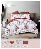 Floral comforter set on a bed with dimensions displayed below.